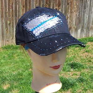 New Ladies Black Blue Line Flag BLING Hat